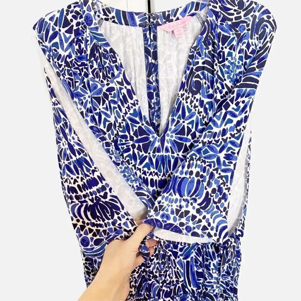 Lilly Pulitzer Cobalt Blue Bryce Bright Navy Taverna Tile Allover Romper Siz XXS - Picture 6 of 11